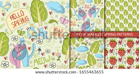 A set of cute spring patterns. Spring cats. Funny photos with animalistic pictures. Hello spring. pattern with strawberries. vector.