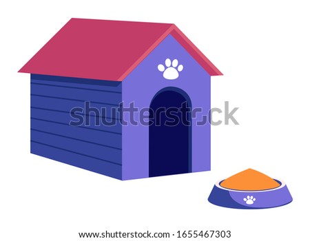 Doghouse with paw print and bowl with canine food isolated objects in cartoon style. Vector illustration of kennel house and plate with puppies meal, pet owners care, paw footprint on blue home