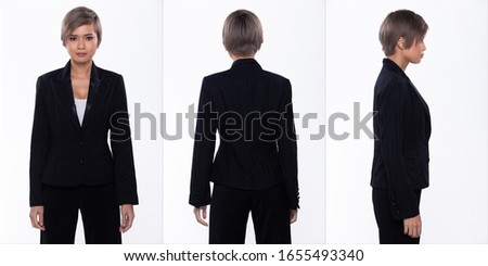 360 Portrait Snap Figure, Asian Business Woman wear Black Suit, she 20s has dying gray color short hair and acts many poses, studio lighting white background isolated collage group