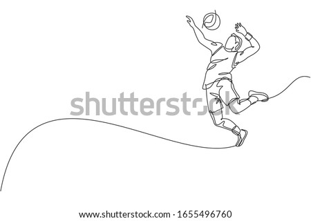 One continuous line drawing of young male professional volleyball player in action jumping spike on court. Healthy competitive team sport concept. Dynamic single line draw design vector illustration