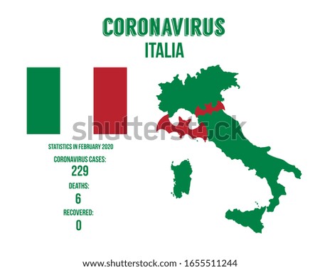 Italia coronavirus statistics in february 2020. Map of Italia. 2019-nCoV. Dangerous chinese ncov corona virus. Vector illustration. Coronavirus in Italia. Italia coronavirus.