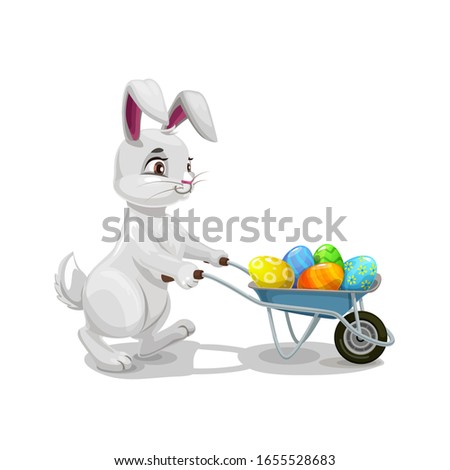 Bunny or rabbit carrying Easter egg hunt wheelbarrow, religion holiday egghunting party. Vector hare animal with cart full of colorful painted eggs, kids competitive game of Easter holiday celebration Royalty-Free Stock Photo #1655528683