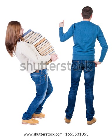 Back view of couple in sweater showing thumbs up. beautiful woman and man together. Rear view people collection. backside view of person. Isolated over white background.