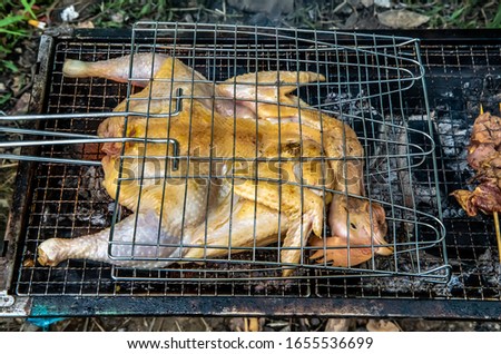Barbecued fresh whole chicken outdoors in the forest Royalty-Free Stock Photo #1655536699