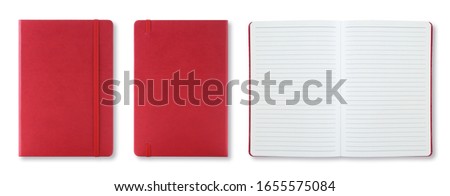Red colour leather fabric hardcover notebook with elastic band. Top view with notebook closed & open. Line sheet. Isolated on white background. For mockup, branding & advertising.