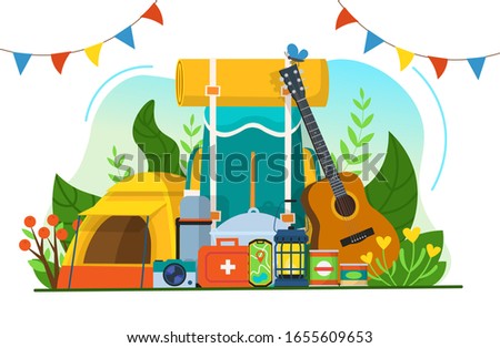 Tourism set for camping. Backpack, tent, guitar, flashlight, phone with a map, first-aid kit, bowler hat, thermos, camera, canned food.Concept for traveling. Flat vector illustration.