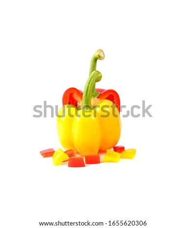 Bell pepper is cultivar group of the species Capsicum annuum, cultivars of the plant produce fruits in different color in picture show beautiful slice red and yellow bell pepper on white background