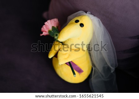 
yellow soft toy with a pink bouquet in hand