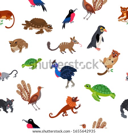Wild Oceania animals seamless pattern in flat style isolated on white background. Oceania and Australia animals. New zealand wildlife.