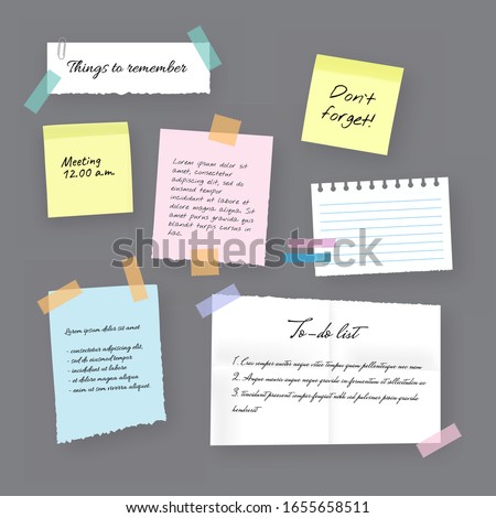 Paper sticky notes, memo messages, notepads and torn paper sheets. Blank vector notepaper of meeting reminder, to do list and office notice or information board with appointment notes eps 10 Royalty-Free Stock Photo #1655658511