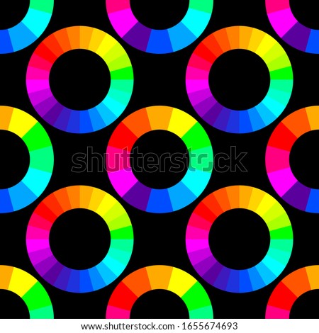Seamless vector color wheel circle pattern. RGB and CMYK color models background. For design, poster, fabric, textile, wrapping etc.