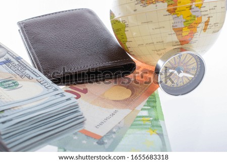 Compass, wallet, Euro banknotes with Euro  currency finance direction