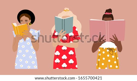 Set of three Girls that are reading Books while standing. Young women. Beautiful dresses with prints. Read more books concept. Hand drawn Vector trendy illustration. Pastel colors