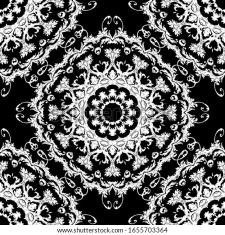 Embroidery textured vector seamless pattern. Black and white floral grunge background. Tapestry wallpaper. Damask flowers, leaves, mandalas. Hatched vintage baroque ornaments. Embroidered texture.