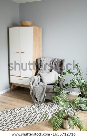 Bright room in Scandinavian style: gray armchair with a plaid and pillows, a white wardrobe, a white chair with wooden legs, a rug and green flowers in the style of urban jungle