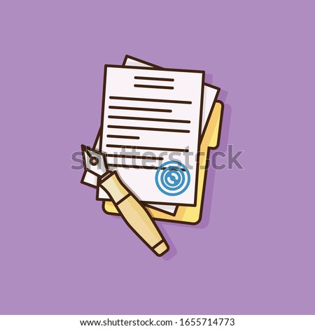 Contract with pen and folder in trendy flat outline style. Agreement with blue stamp. Business vector illustration isolated on a purple background.