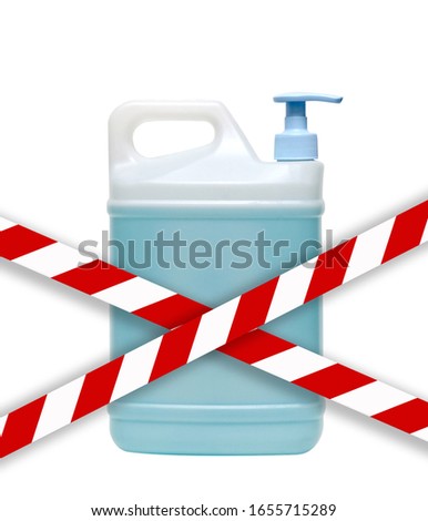 Plastic containers and bottles isolated on a white background with a signal tape in the foreground. The concept of rejection of disposable plastic.