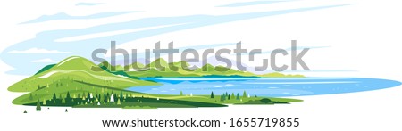 Lake near the green mountains with spruce forest around on white background, nature tourism landscape illustration isolated, sample creative panorama of mountains Royalty-Free Stock Photo #1655719855