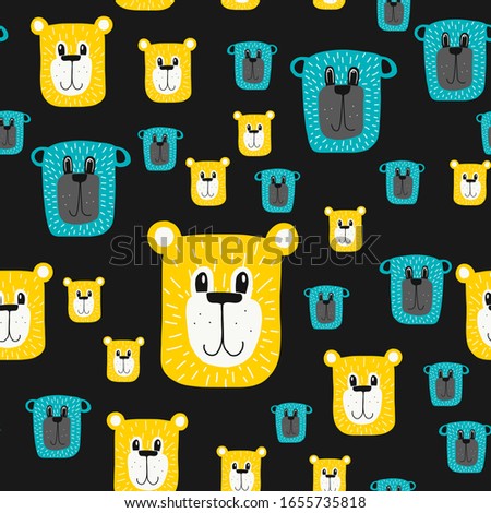 seamless teddy bear pattern vector hand drawn illustration cartoon style.bear faces on dark background.suitable for postcards,children s clothing,fabric design, stickers,posters,mugs or t-shirts.