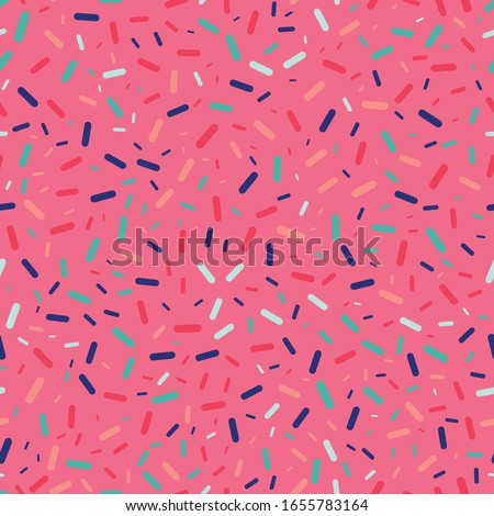 Colorful sprinkles on pink background seamless repeat vector pattern for wrapping paper, prints, fabrics.