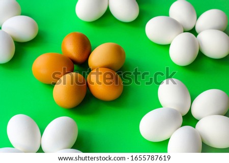 Easter egg decoration, image of flowers from eggs. green background. photo for Easter cards. the concept of the holiday, the green Thursday. space for text, horizontal image, top view, close up