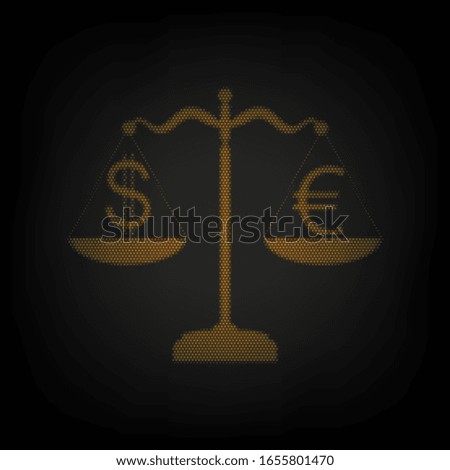 Justice scales with currency exchange sign. Icon as grid of small orange light bulb in darkness. Illustration.