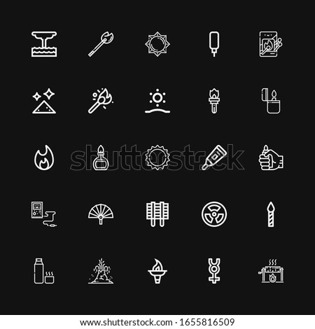 Editable 25 heat icons for web and mobile. Set of heat included icons line Roast, Mercury, Torch, Volcano, Thermos, Candle, Radiation, Grill, Fan, Thermometer on black background