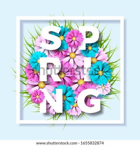 Illustration on a spring nature theme with beautiful colorful flower on blue background. Floral design template with typography letter. 