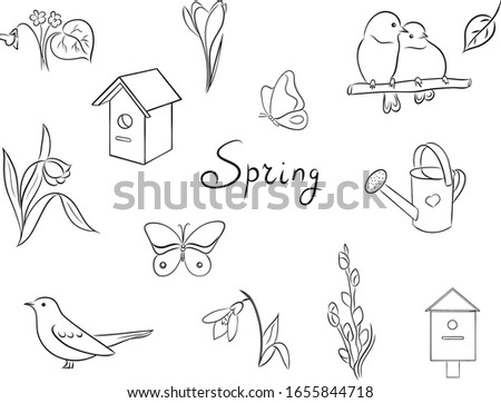 Spring vector doodle set with birds, flowers, butterfly, birdhouse, watering can. Spring graphic elements drawings