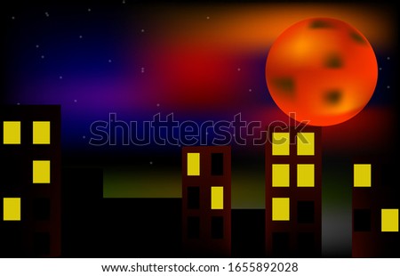illustration view of the city at night, residential buildings, lights are lit in the windows, red, orange, violet glows on a blue sky, a full moon of red-orange color and stars