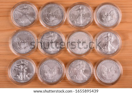 United States pure Silver Eagle one ounce coins in mint packaged plastic holders. Special Burnished surface coins are shown for use as background.