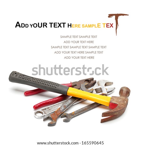 Set of dirty old hand-tools. Close-up. Isolated on white background. Studio photography. 
