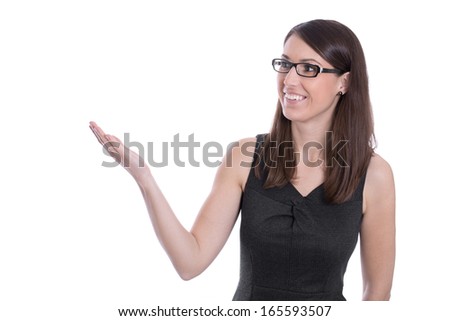 Smiling business woman presenting. Isolated over white background
