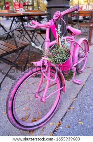 A pink coloured old, retro, vintage bicycle with a basket of flowers leaning against a light post.