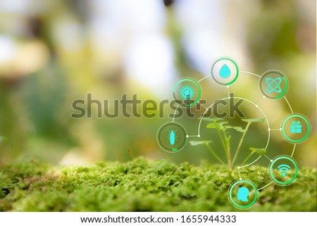 Blurred greenery background with copy space, Nature sustainable energy logo and AI technology icon. Agriculture and environmental concept. Ecology reuse and data analysis with internet of thing IOT