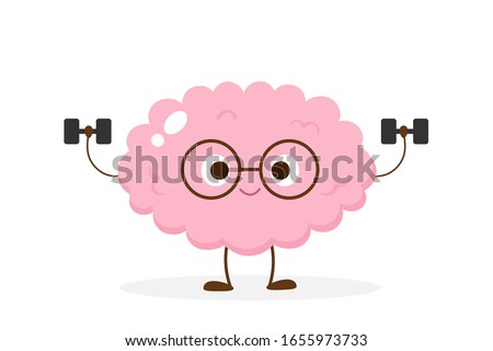 Cartoon brain lifting dumbbells. Funny brain workout emoji vector. Mind exercise, memory, willpower and concentration training. Royalty-Free Stock Photo #1655973733