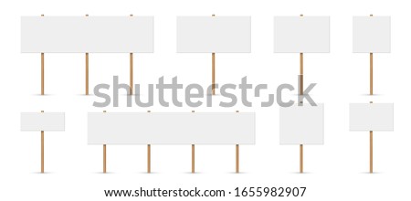 Creative vector illustration of picket sign, demonstration banners, public transparency, protest placard. Design blank boards with sticks, wooden holders template. Abstract concept sign picket element Royalty-Free Stock Photo #1655982907