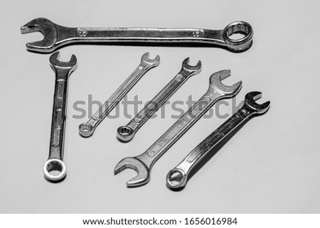 Set of tools for home use. Group of wrenches also known as "spanners". Tools for home and amateur use. Tooling.