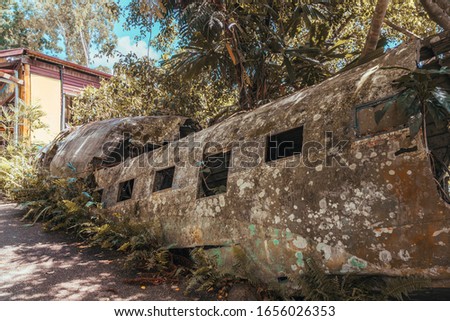 Plane crash in Australian jungle. Old rusty abandoned airplane wreckage. Vintage brown aeroplane wreck. Travel, transportation, disaster, aviation, accident concepts. Rescue abandoned in bushes. 