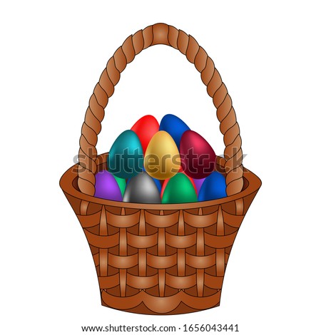 Easter basket with eggs. Colored vector illustration. Isolated background. Holy Easter symbol. Wicker basket with decorated eggs. Idea for web design, books. Cartoon style. Spring print.