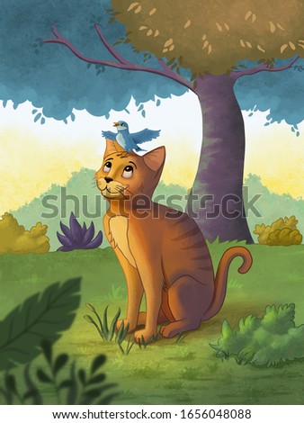 Friendly cat with a singing bird perched on its head. Digital illustration