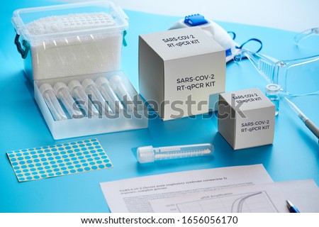 SARS-COV-2 pcr diagnostics kit. This is RT-PCR kit to detect presence of 2019-nCoV virus causing Covid-19 disease presence in clinical specimens. Test system is based on real-time PCR technology. Royalty-Free Stock Photo #1656056170