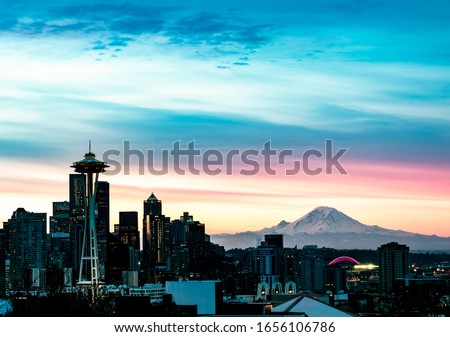 Seattle Skyline with MT Rainer at Sunrise from Kerry Park on Queen Ann Hill, 2020