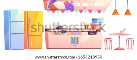 Ice cream shop or cafe interior equipment set. Fridge showcase with variety of flavors, refrigerators, coffee table with chairs and lamps above isolated on white background cartoon vector illustration