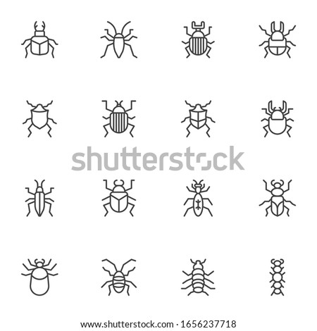Bugs insects line icons set. linear style symbols collection, outline signs pack. Pests bug vector graphics. Set includes icons as caterpillar, beetle, parasite, cricket, flea, ant, gnat