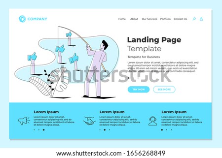 Fisherman businessman fishing thumbs up likes on landing page web design template. Vector business internet technology SMM social media marketing website concept eps illustration