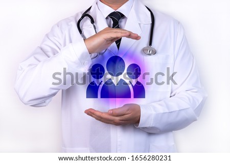 Health, medical and life insurance for the whole family concept. Practitioner doctor with protective gesture and icon of family. kids vaccine Royalty-Free Stock Photo #1656280231