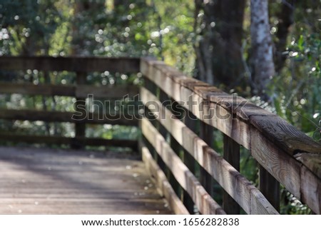 Wooden boardwalk path through hiking trail in park.