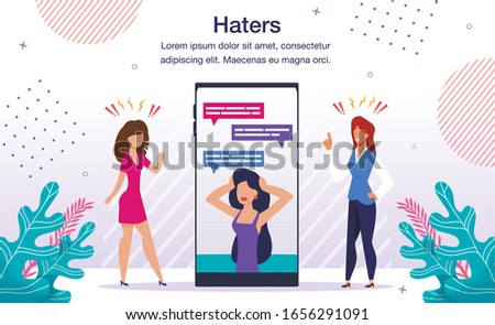 Social Network Haters Bulling, Blogger Audience Negative Reaction, Reputation Attack Banner, Poster. Woman Worried, Stressed Because of Bad Relations with Colleagues Trendy Flat Vector Illustration