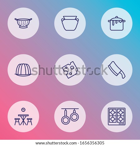 Gastronomy icons line style set with clay pot, cheese, colander drainer elements. Isolated vector illustration gastronomy icons.